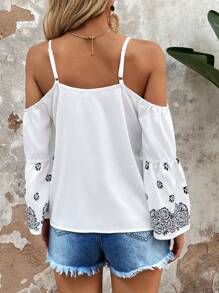 SHEIN LUNE Blusa con estampado floral de hombros descubiertos de manga con volante - Blanco - Ver 2
