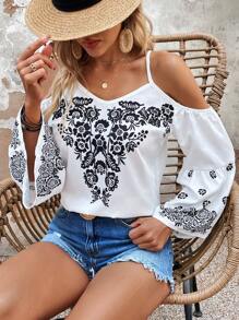 SHEIN LUNE Blusa con estampado floral de hombros descubiertos de manga con volante - Blanco - Ver 6