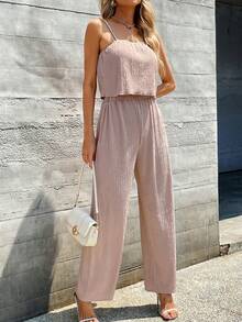 SHEIN Essnce Solid Cami Top & Wide Leg Trousers - Apricot - View 3
