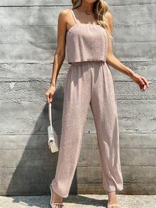 SHEIN Essnce Solid Cami Top & Wide Leg Trousers - Apricot - View 4