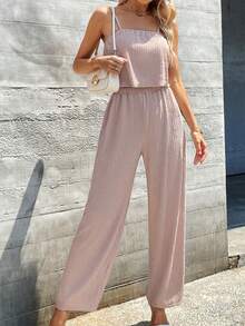 SHEIN Essnce Solid Cami Top & Wide Leg Trousers - Apricot - View 6