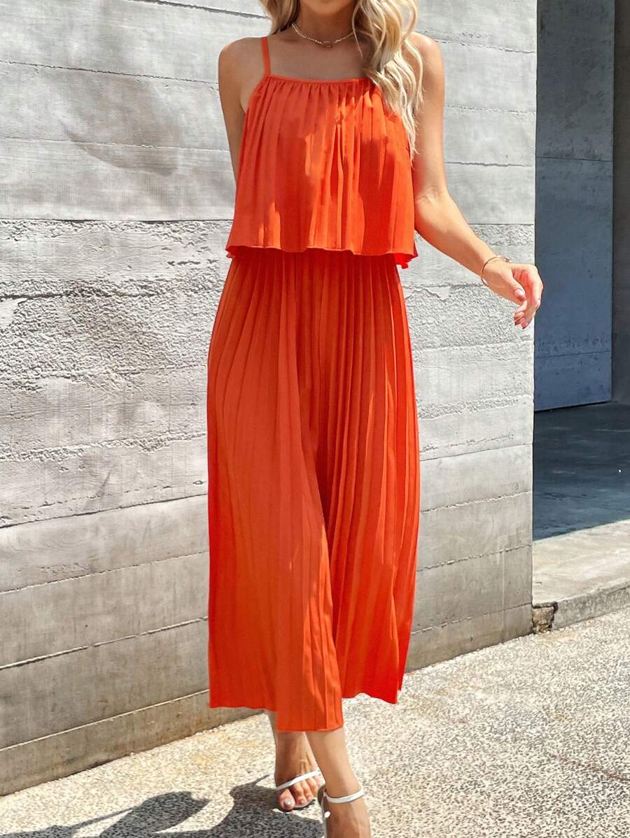 Breezaya 素色百褶吊帶連體褲 - 橘色 - 查看 1