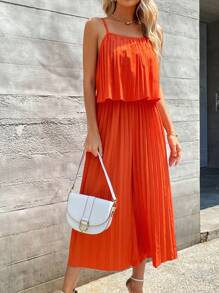 Breezaya 素色百褶吊帶連體褲 - 橘色 - 查看 4