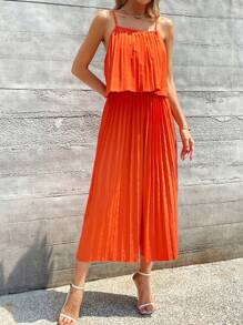 Breezaya 素色百褶吊帶連體褲 - 橘色 - 查看 6