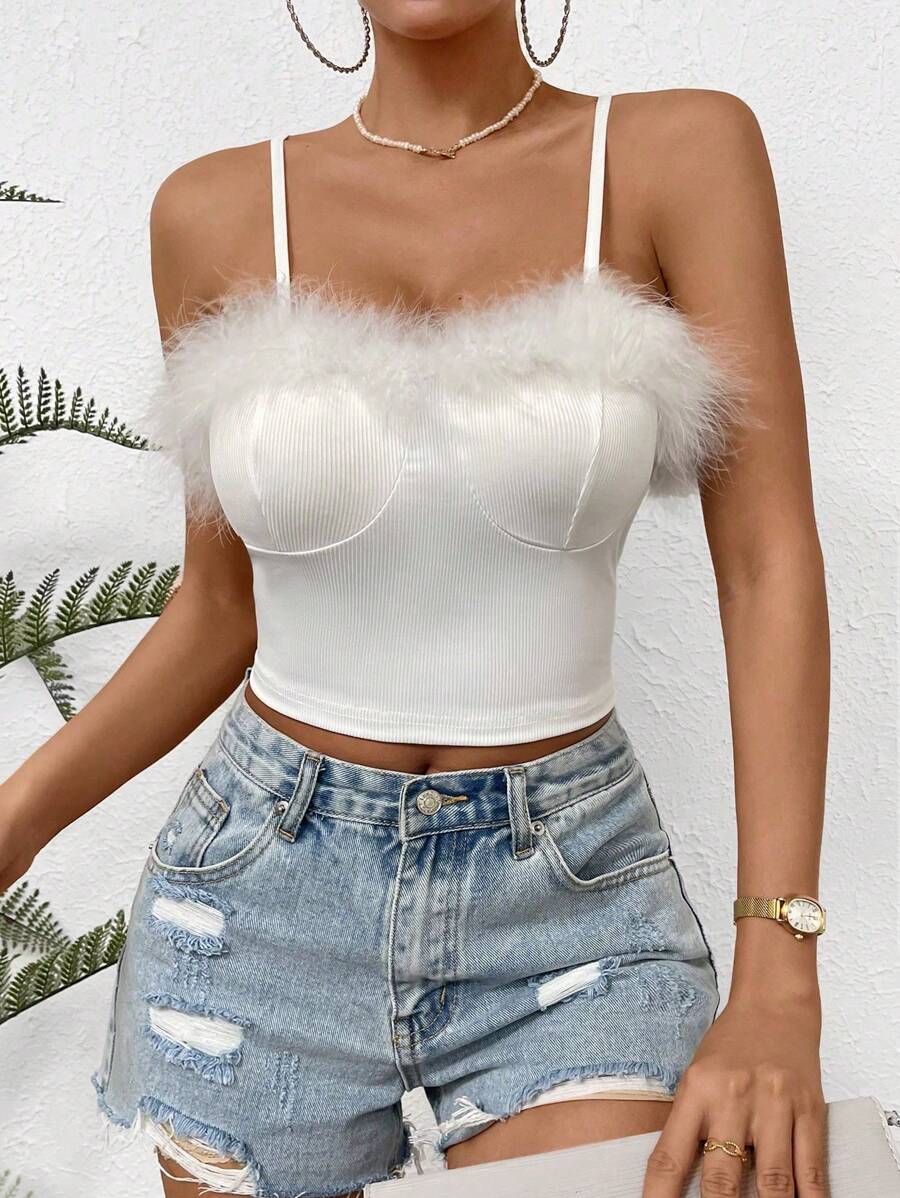 Allurite Fuzzy Trim Bustier Cami Top - White - View 1