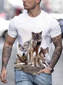 GENTILAND 男士狼印花T恤 - 白色 - 查看 1