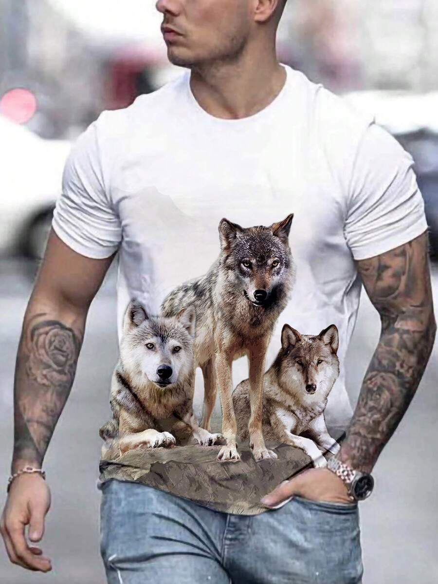 GENTILAND 男士狼印花T恤 - 白色 - 查看 1