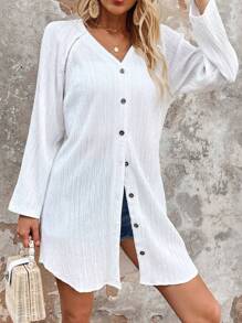 SHEIN LUNE Solid Button Front Raglan Sleeve Blouse - White - View 3