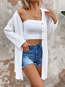 SHEIN LUNE Solid Button Front Raglan Sleeve Blouse - White - View 6