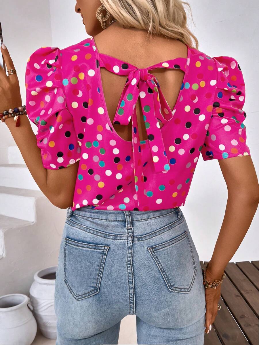 SHEIN LUNE Áo sơ mi nữ Buộc lại Chấm bi Giải trí - Màu Hồng Tươi - Xem 1