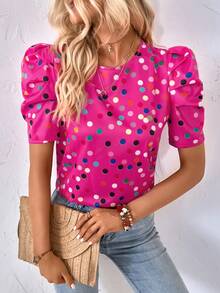 SHEIN LUNE Áo sơ mi nữ Buộc lại Chấm bi Giải trí - Màu Hồng Tươi - Xem 3