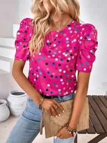 SHEIN LUNE Áo sơ mi nữ Buộc lại Chấm bi Giải trí - Màu Hồng Tươi - Xem 4