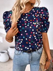 SHEIN LUNE 休閒後系帶圓點女士襯衫 - 藏蓝色 - 查看 3