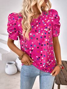 SHEIN LUNE Áo sơ mi nữ Buộc lại Chấm bi Giải trí - Màu Hồng Tươi - Xem 6