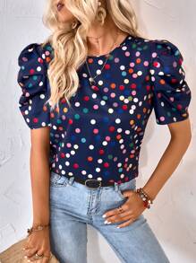 SHEIN LUNE 休閒後系帶圓點女士襯衫 - 藏蓝色 - 查看 5