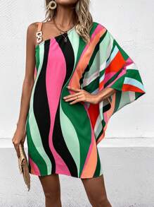 Chiquease Colourblock Asymmetrical Neck Batwing Sleeve Dress - Multicolor - View 1