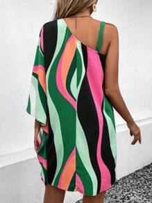 Chiquease Colourblock Asymmetrical Neck Batwing Sleeve Dress - Multicolor - View 2