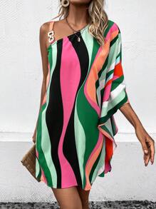 Chiquease Colourblock Asymmetrical Neck Batwing Sleeve Dress - Multicolor - View 3