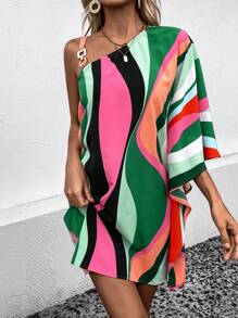 Chiquease Colourblock Asymmetrical Neck Batwing Sleeve Dress - Multicolor - View 5