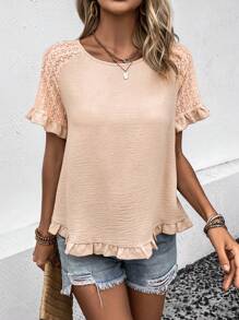 SHEIN LUNE Contrast Lace Raglan Sleeve Ruffle Hem Blouse - Apricot - View 1