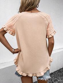 SHEIN LUNE Contrast Lace Raglan Sleeve Ruffle Hem Blouse - Apricot - View 2