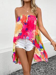 SHEIN VCAY 印花高低下擺抹胸上衣 - 彩色 - 查看 1