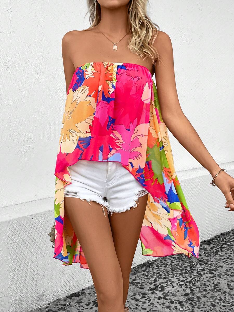 SHEIN VCAY 印花高低下擺抹胸上衣 - 彩色 - 查看 1