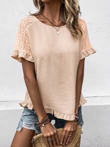 SHEIN LUNE Contrast Lace Raglan Sleeve Ruffle Hem Blouse - Apricot - View 5