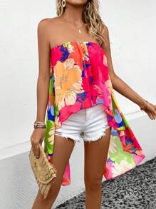 SHEIN VCAY 印花高低下擺抹胸上衣 - 彩色 - 查看 4