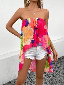 SHEIN VCAY 印花高低下擺抹胸上衣 - 彩色 - 查看 5