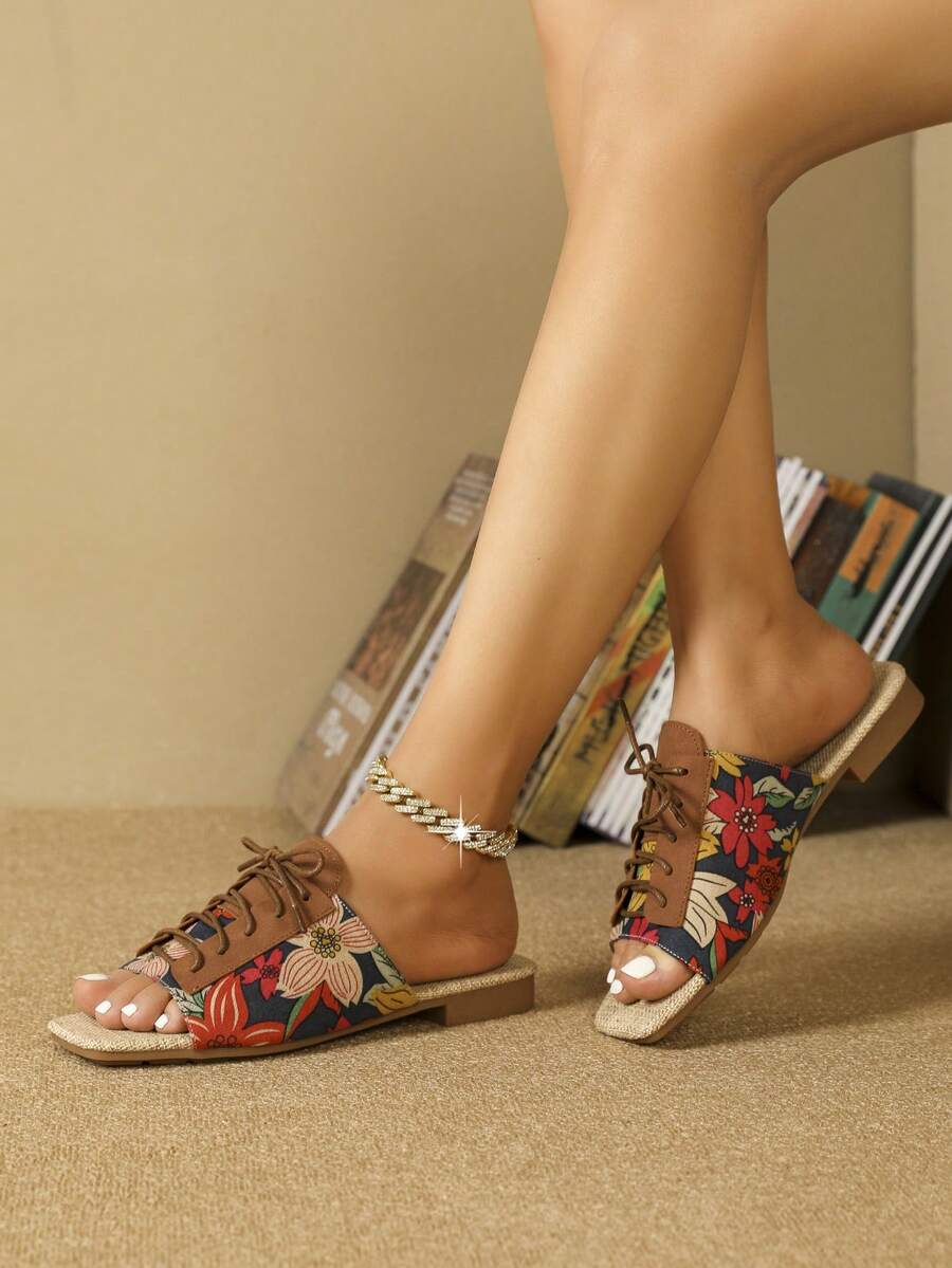 Women Floral Pattern Slide Sandals, Nylon Lace-up Front Fashion Sandals - Multicolor - View 1
