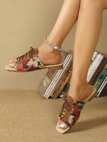 Women Floral Pattern Slide Sandals, Nylon Lace-up Front Fashion Sandals - Multicolor - View 2