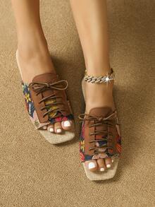 Women Floral Pattern Slide Sandals, Nylon Lace-up Front Fashion Sandals - Multicolor - View 4