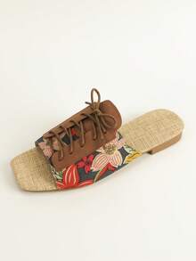 Women Floral Pattern Slide Sandals, Nylon Lace-up Front Fashion Sandals - Multicolor - View 5