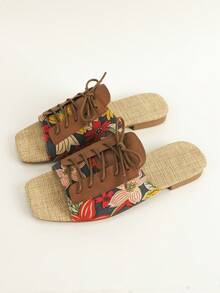 Women Floral Pattern Slide Sandals, Nylon Lace-up Front Fashion Sandals - Multicolor - View 6