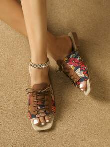 Women Floral Pattern Slide Sandals, Nylon Lace-up Front Fashion Sandals - Multicolor - View 7