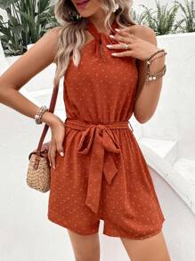 SHEIN VCAY Swiss Dot Belted Halter Romper - Brown - View 1