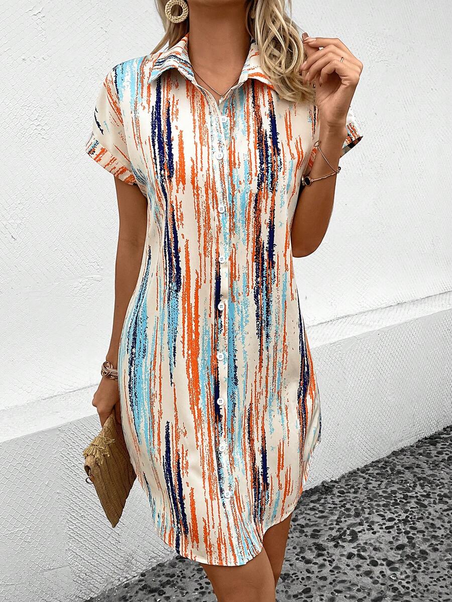 SHEIN LUNE 筆刷圖案蝙蝠袖襯衫洋裝