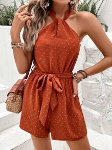 SHEIN VCAY Swiss Dot Belted Halter Romper - Brown - View 5