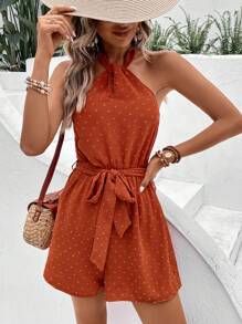 SHEIN VCAY Swiss Dot Belted Halter Romper - Brown - View 6