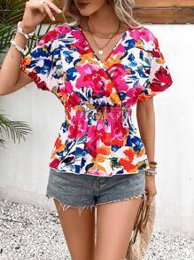 SHEIN LUNE Floral Print Batwing Sleeve Peplum Blouse - Red - View 3