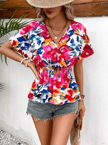 SHEIN LUNE Floral Print Batwing Sleeve Peplum Blouse - Red - View 4