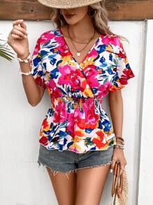 SHEIN LUNE Floral Print Batwing Sleeve Peplum Blouse - Red - View 5