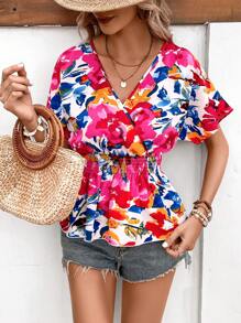 SHEIN LUNE Floral Print Batwing Sleeve Peplum Blouse - Red - View 6