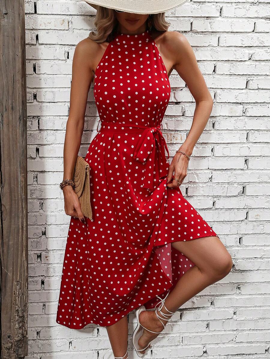 Breezaya 波卡圓點腰帶繞頸洋裝 - 紅色 - 查看 1