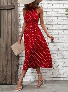 Breezaya 波卡圓點腰帶繞頸洋裝 - 紅色 - 查看 5