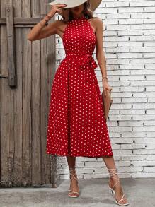 Breezaya 波卡圓點腰帶繞頸洋裝 - 紅色 - 查看 6
