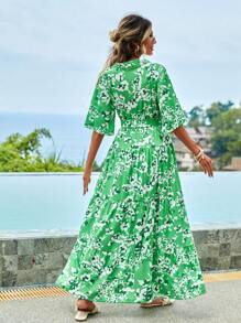 RueChic Floral Print Button Front Belted Dress - Green - View 2