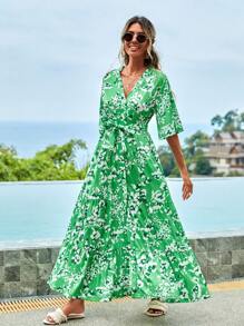 RueChic Floral Print Button Front Belted Dress - Green - View 3