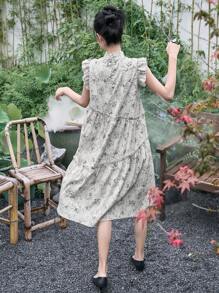 DAZY Floral Print Ruffle Trim Smock Dress - Beige - View 6